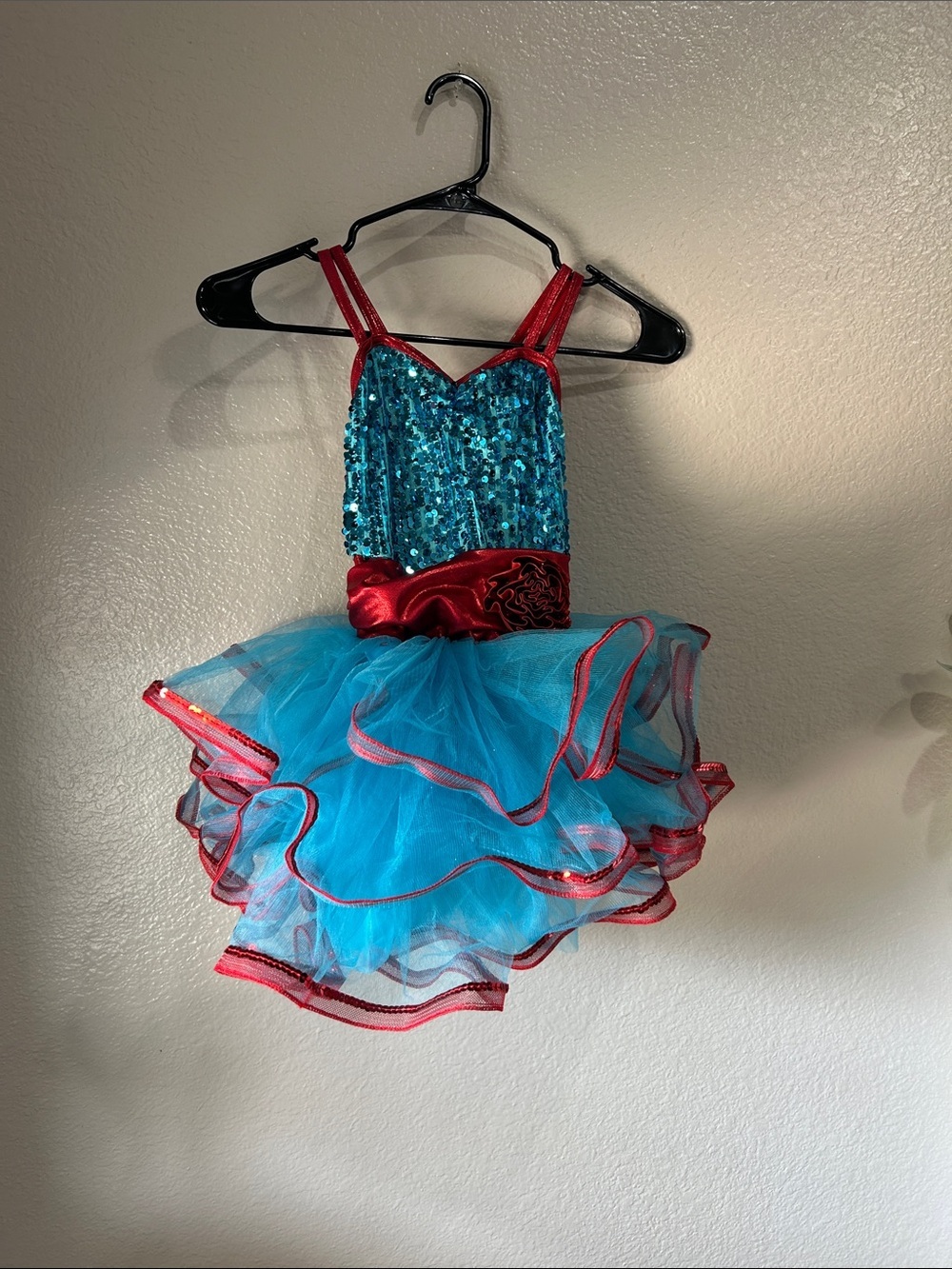 Weissman Teal Sequin Red Trim Tutu Costume Sz 1C Dance Ruffle Sleeveless